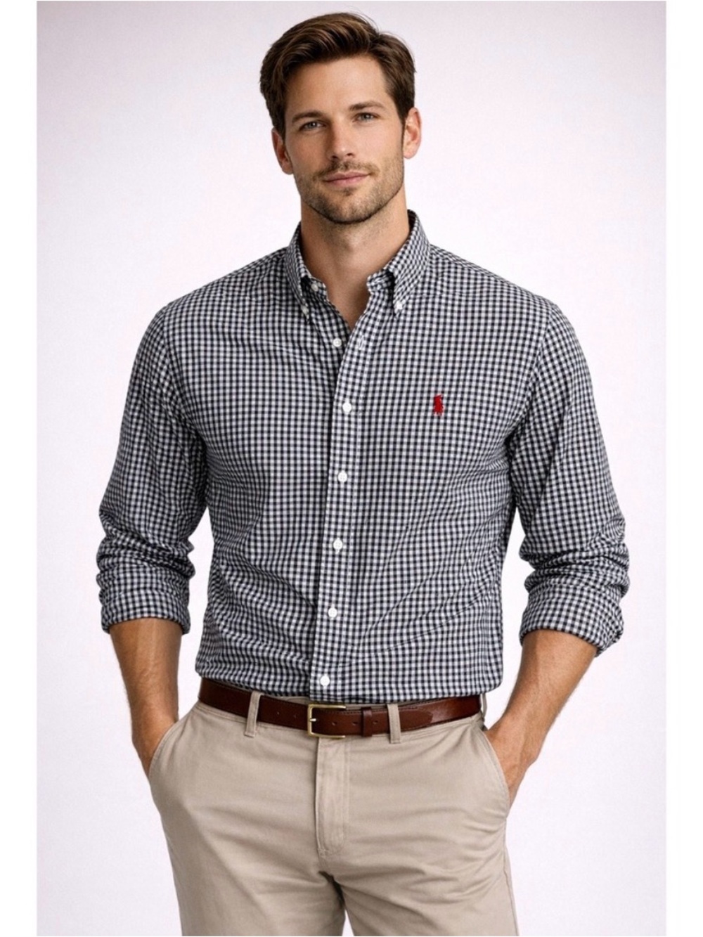 Ralph Lauren Black & White Gingham Button-Down Shirt with Red Pony